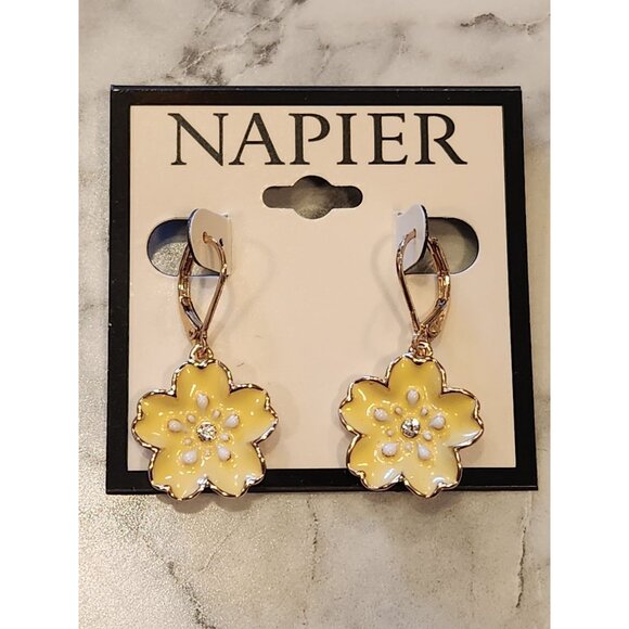 Napier Yellow Flower Leverback Earrings With Rhinestone Accents - Picture 1 of 5